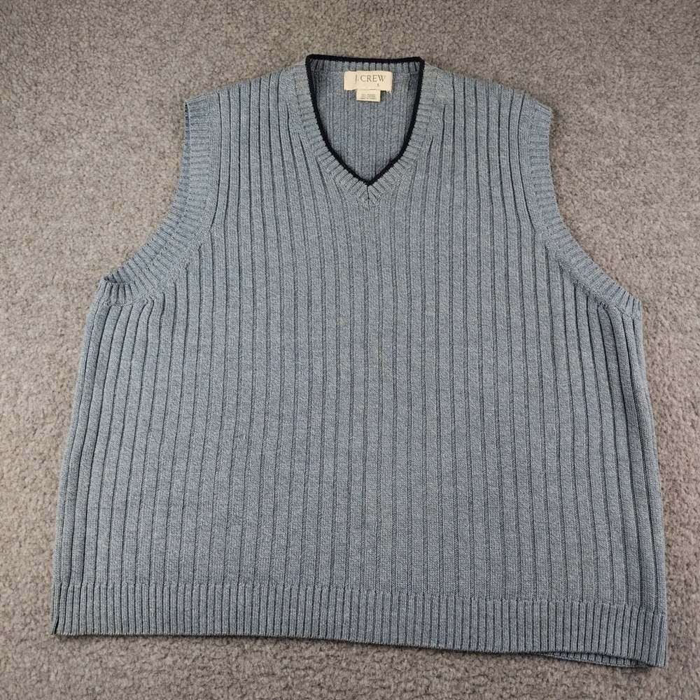 VTG J.Crew Merino Wool Cotton Ribbed V-Neck Sweater Vest Blue Mens Small